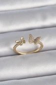 Pirinç Gold Renk Ayarlanabilir Zirkon Taşlı Kelebek Model Kadın Yüzük - TJ-BYK3374 - 1