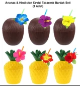 Ananas  Hindistan Cevizi Tasarımlı Pipetli Bardak Seti (6 Adet) - 1