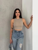 fitilli kaşkorse yakası zincirli atlet vizon - 3