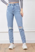 Yüksek bel yırtmaçlı mom jean pantolon - 1