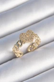 Pirinç Gold Renk Zincir Kordon Zirkon Taşlı Kalp Model Kadın Yüzük - TJ-BYK3485 - 1