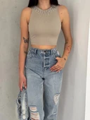 fitilli kaşkorse yakası zincirli atlet vizon - 6