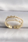 Pirinç Gold Renk Zirkon Taşlı İnci Detay VIP Seri Kadın Yüzük - TJ-BYK3520 - 1