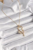 316L Çelik Gold Renk Zincir Ayna Ayıcık Model Zirkon Taşlı Kalp Model Kadın Kolye - TJ-BKO9626 - 2