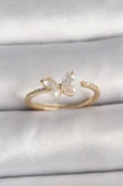 Pirinç Gold Renk Zirkon Taşlı Kelebek Mode İnci Detay Ayarlanabilir Yüzük - TJ-BYK3557 - 1