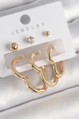 Pirinç Gold Renk Kalp Model Zirkon Taşlı Topçuk Detay Kadın Küpe Seti - TJ-BKP10308 - 1