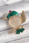 Pirinç Gold Renk Beyaz Mineli Kalp Yeşil Sinek Kuşu Model Pembe Zirkon Taş Detay Kadın Broş - TJ-BR419 - 1