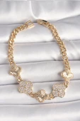 Pirinç Gold Renk Zirkon Taşlı Yonca Model Kadın Bileklik - TJ-BB6836 - 1
