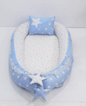 Bebek Anne Yanı Babynest Yatak, Polar Battaniye ve Yastık 5 li Set, Yıldız Desen Mavi Renk - 2