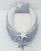 Bebek Anne Yanı Babynest Yatak, Pike ve Yastık 5 li Set, Yıldız Desen Gri Renk - 2