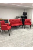 GARDEN HOUSE  Pera  Ofis Büro Bekleme Koltuk Takımı Kırmızı Renk Ahşap Ayak Kapitoneli - 4
