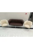 GARDEN HOUSE  Papatya Kahve Krem Deri Ofis Büro Koltuk Takımı Metal Ayak 3+1+1 - 1