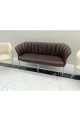 GARDEN HOUSE  Papatya Kahve Krem Deri Ofis Büro Koltuk Takımı Metal Ayak 3+1+1 - 2