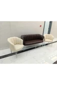 GARDEN HOUSE  Papatya Kahve Krem Deri Ofis Büro Koltuk Takımı Metal Ayak 3+1+1 - 4