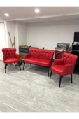 GARDEN HOUSE  Pera  Ofis Büro Bekleme Koltuk Takımı Kırmızı Renk Ahşap Ayak Kapitoneli - 1