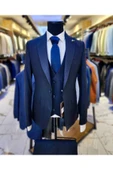 Erkek Koyu Lacivert Slim Fit Çizgili Takım Elbise Full Set - 1