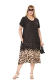 Melsay Butik Siyah Puanlı Eteği Leopar Desen Kuplu Cepli Kısa Kol Kadın Midi Elbise - 4