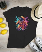 Astronot Desenli Renkli Splash Oversize Tişört  Bej, Siyah, Beyaz & Lacivert - 2