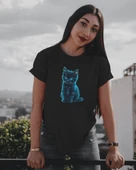 Kadın Tişört   Neon Mavi Kedi Baskılı, Pamuk Kumaş - 1