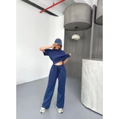 Lucky Life Kadın Yumuşak Dokulu Kumaş Kısa Kollu Bluz Rahat Pantalon Ikili Takım- Lacivert - 3