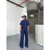Lucky Life Kadın Yumuşak Dokulu Kumaş Kısa Kollu Bluz Rahat Pantalon Ikili Takım- Lacivert - 1