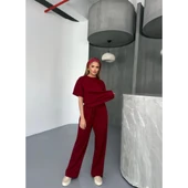 Lucky Life Kadın Yumuşak Dokulu Kumaş   Kısa Kollu Bluz Rahat Pantalon Ikili Takım- Bordo - 1