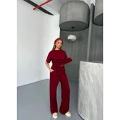Lucky Life Kadın Yumuşak Dokulu Kumaş   Kısa Kollu Bluz Rahat Pantalon Ikili Takım- Bordo - 2