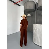 Lucky Life Kadın Yumuşak Dokulu Kumaş   Kısa Kollu Bluz Rahat Pantalon Ikili Takım- Bordo - 3