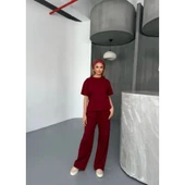 Lucky Life Kadın Yumuşak Dokulu Kumaş   Kısa Kollu Bluz Rahat Pantalon Ikili Takım- Bordo - 4