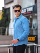 Premium Şeritli Kadife Gömlek - Mavi thumbnail 3