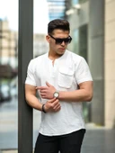 V Yaka Cep Detaylı Fit Gömlek - Beyaz thumbnail 2