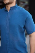 Hakim Yaka Müslin Kumaş Kısa Kol Gömlek - İndigo thumbnail 2