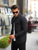 Çift Cepli Çubuk Desen Kapitone Gömlek/Ceket - Siyah thumbnail 2