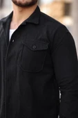 Çift Cepli Düğmeli Kaşe Gömlek - Siyah - 3