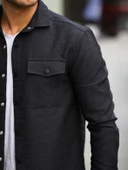 Çift Cepli Çubuk Desen Kapitone Gömlek/Ceket - Siyah thumbnail 3