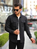 Çift Cepli Çubuk Desen Kapitone Gömlek/Ceket - Siyah thumbnail 1