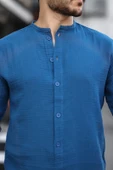 Hafif ve Nefes Alabilir Erkek Müslin Yarım Pat Hakim Yaka Oversize Gömlek -İndigo - 3