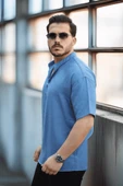 Oversize Yarım Pat Bambu Kısa kol Gömlek - Mavi - 3