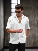 Oversize Rahat Fitilli Kısa Kol Erkek Gömlek - Beyaz - 1