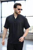 Oversize Yarım Pat Bambu Kısa kol Gömlek - Siyah - 2