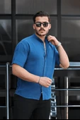 Hakim Yaka Müslin Kumaş Kısa Kol Gömlek - İndigo thumbnail 4