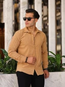 Desenli Düz Kadife Gömlek - Bej - 2