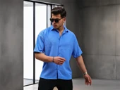 Oversize Rahat Fitilli Kısa Kol Erkek Gömlek- Mavi - 5