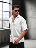 Oversize Rahat Fitilli Kısa Kol Erkek Gömlek - Beyaz - 3