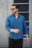 Nefes Alabilir Yarım Oversize Müslin Kumaş Uzun Kol Yakalı Erkek Gömlek - İndigo - 3