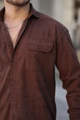 Çift Cepli İnce Fitilli Erkek Kadife Gömlek - Kahve thumbnail 4