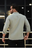 Nefes Alabilir Yarım Oversize Müslin Kumaş Uzun Kol Yakalı Erkek Gömlek - Açık Haki - 5