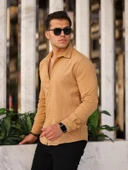 Desenli Düz Kadife Gömlek - Bej - 1