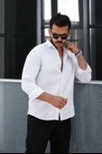 Nefes Alabilir Yarım Oversize Müslin Kumaş Uzun Kol Yakalı Erkek Gömlek - Beyaz - 1