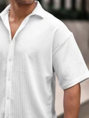 Oversize Rahat Fitilli Kısa Kol Erkek Gömlek - Beyaz - 2